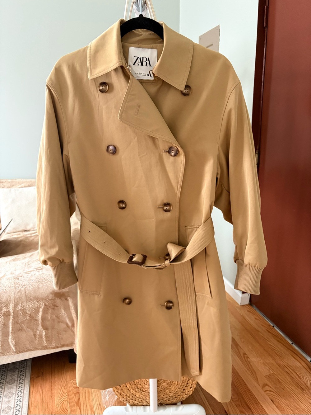 Zara Trench Coat  Khaki Water Resistant Size Small Women’s Jacket Pleated  NWOT